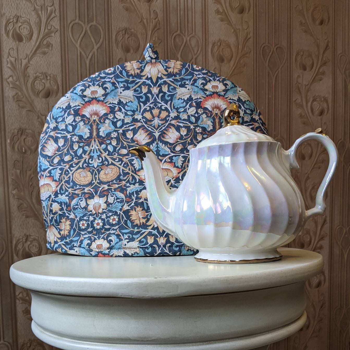 Larger Teal and Gold lodden Double Insulated Tea Cosy, Classic William Morris Print Cozy, Pretty