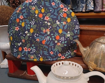 Larger or Smaller Citrus Tea Cosy, Rifle Paper Co. Print Tea Cozy, Deep Navy with Oranges, Lemons and Flowers. 4-6 or 2-4 Cups Teapot Cover