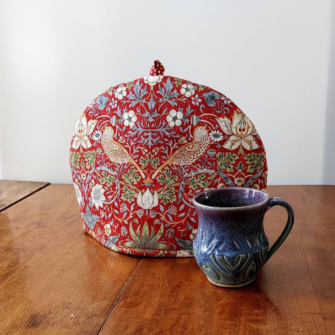 Red Strawberry Thief Tea Cosy, William Morris Print Tea Cozy, Double Insulation Keeps Tea Hot
