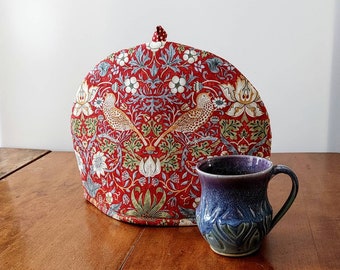 Red Strawberry Thief Tea Cosy, William Morris Print Tea Cozy, Double Insulation Keeps Tea Hot. Choice of Sizes, Teapot Cover Made Canada