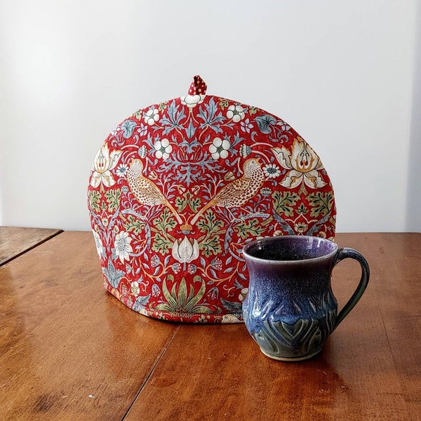 Red Strawberry Thief Tea Cosy, William Morris Print Tea Cozy, Double Insulation Keeps Tea Hot. Choice of Sizes, Teapot Cover Made Canada