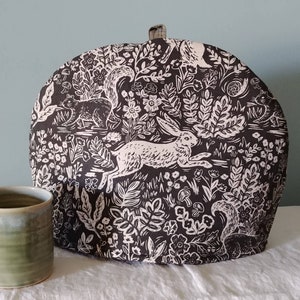 Larger Tea Cosy, Rifle Paper Co. Wildwood Fable Print Charcoal Cream Cozy. Double Insulated Teapot Cover, Forest Animals, Rabbit Hare, Trees