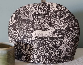 Larger Tea Cosy, Rifle Paper Co. Wildwood Fable Print Charcoal Cream Cozy. Double Insulated Teapot Cover, Forest Animals, Rabbit Hare, Trees