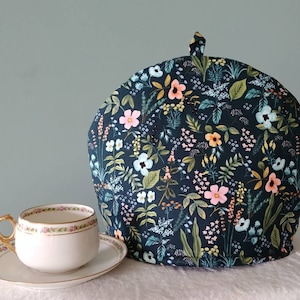 Larger Herb Garden Navy Tea Cosy, Rifle Paper Co. Print Tea Cozy, Pretty Floral 4-6 Cup Double Insulated Teapot Cover, Made in Canada image 1