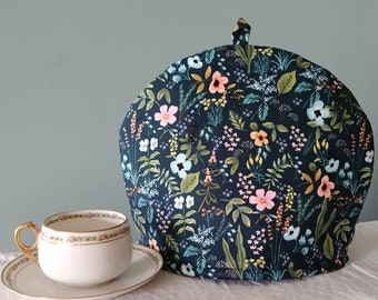 Larger "Herb Garden" Navy Tea Cosy, Rifle Paper Co. Print Tea Cozy, Pretty Floral 4-6 Cup Double Insulated Teapot Cover, Made in Canada
