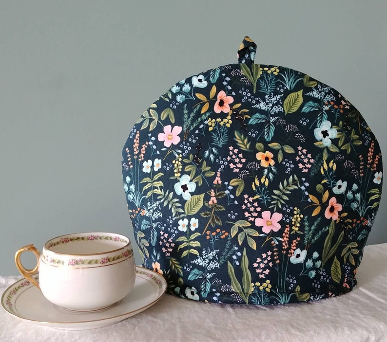 Larger Herb Garden Navy Tea Cosy, Rifle Paper Co. Print Tea Cozy, Pretty Floral 4-6 Cup Double Insulated Teapot Cover, Made in Canada image 1