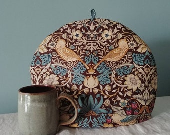 Larger Strawberry Thief Tea Cosy, William Morris Print Tea Cozy, Choice of Colours, Six Cup Teapot Cover. Brown Based Print.