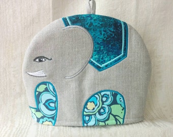 Custom Embroidered Elephant Tea Cosy. Linen Tweed Elephant with your Choice of Colour Scheme for Blanket, Background and Accents.