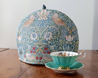 Larger or Smaller Aqua Strawberry Thief Tea Cosy, William Morris Tea Cozy, Choice of Sizes. Elegant Teapot Cover. Other Colours Available