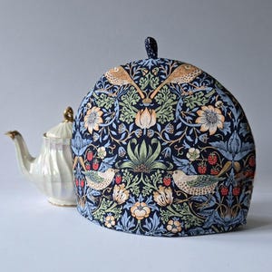 Larger or Smaller William Morris Tea Cosy: Navy Strawberry Thief Print, Double Insulated Teapot Cover