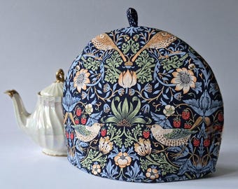 Larger or Smaller William Morris Tea Cosy: Navy Strawberry Thief Print, Double Insulated Teapot Cover
