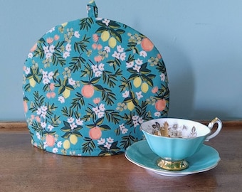 Smaller Citrus Tea Cosy, Rifle Paper Co. Print Tea Cozy, Teal with Oranges, Lemons and Flowers. Two-Three Cups Teapot Cover
