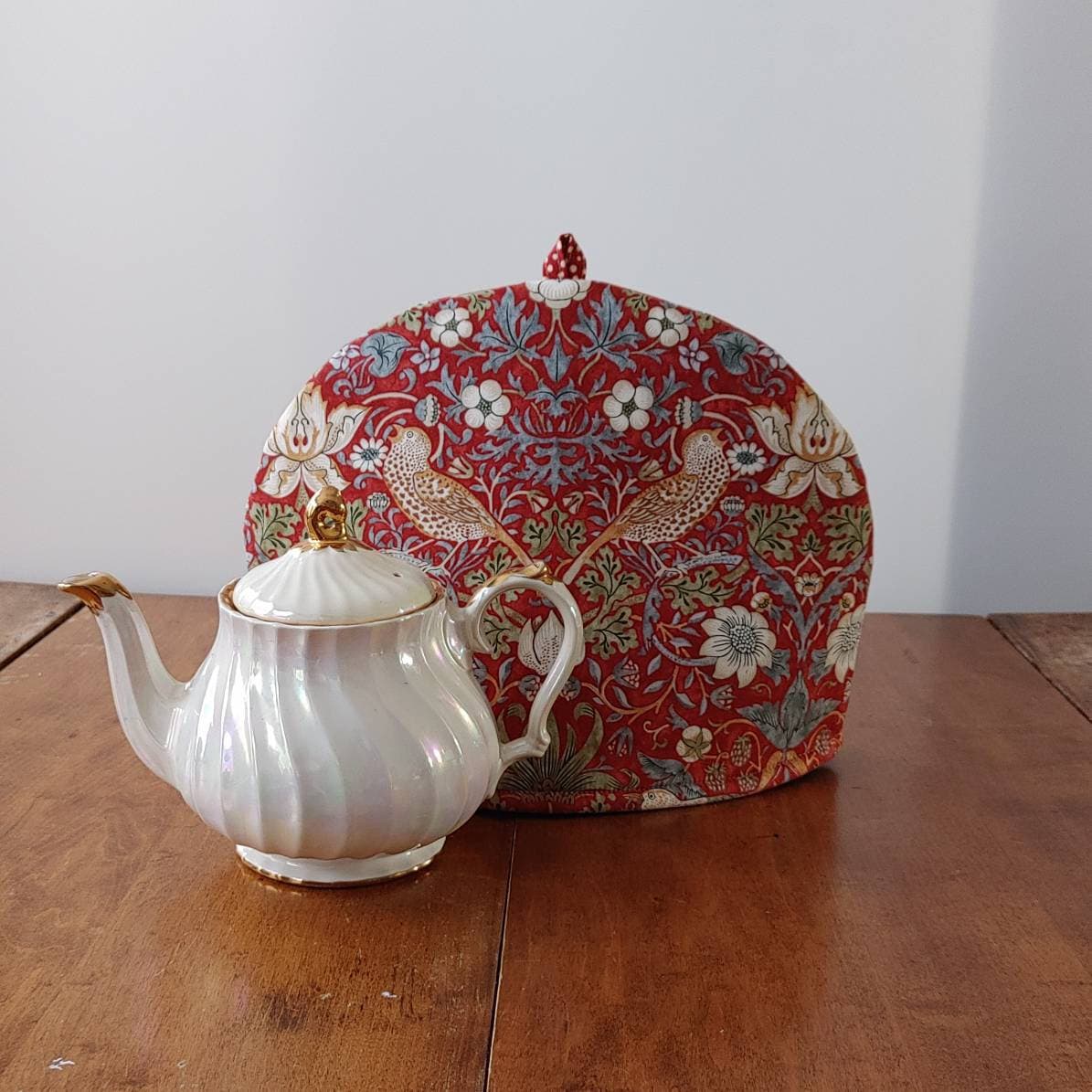 Red Strawberry Thief Tea Cosy, William Morris Print Tea Cozy, Double