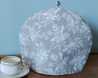 Larger or Smaller Floral Toile Tea Cosy, Rifle Paper Co. Print Tea Cozy, Neutral White Flowers on Warm Grey. 4-6 or 2-4 Cups Teapot Cover