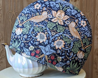 Navy Strawberry Thief Tea Cosy, Double Insulated William Morris Print Tea Cozy, Choice of Sizes, Teapot Cover. Made in Canada