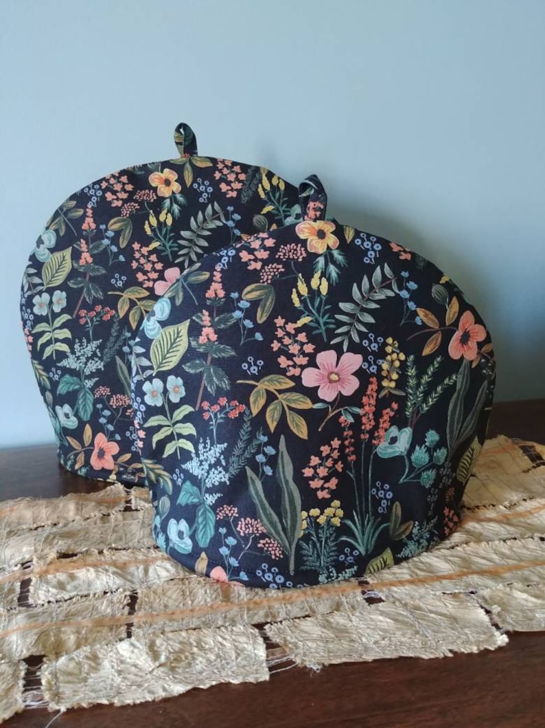 Larger Herb Garden Navy Tea Cosy, Rifle Paper Co. Print Tea Cozy, Pretty Floral 4-6 Cup Double Insulated Teapot Cover, Made in Canada image 5