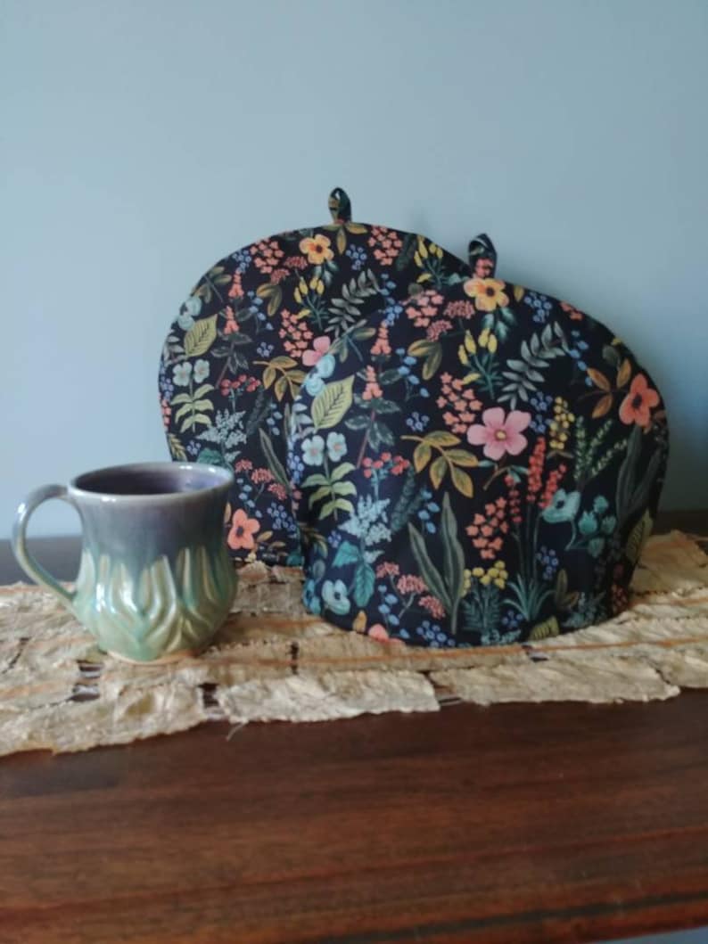 Larger Herb Garden Navy Tea Cosy, Rifle Paper Co. Print Tea Cozy, Pretty Floral 4-6 Cup Double Insulated Teapot Cover, Made in Canada image 3