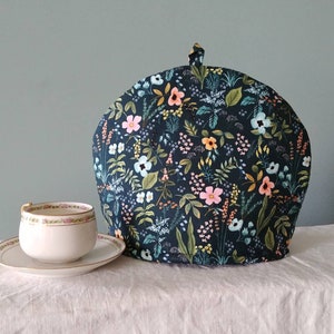 Larger Herb Garden Navy Tea Cosy, Rifle Paper Co. Print Tea Cozy, Pretty Floral 4-6 Cup Double Insulated Teapot Cover, Made in Canada image 2