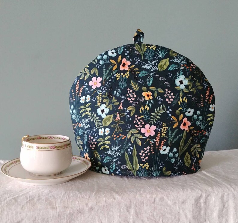 Larger Herb Garden Navy Tea Cosy, Rifle Paper Co. Print Tea Cozy, Pretty Floral 4-6 Cup Double Insulated Teapot Cover, Made in Canada image 2