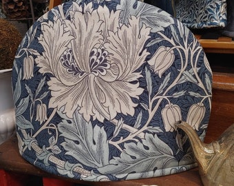 Larger or Smaller Double Insulated Honeysuckle and Tulip Tea Cosy, William Morris Cozy in Blue, Cream, Ink Grey. 2-4 or 4-6 Cup Teapot Cover