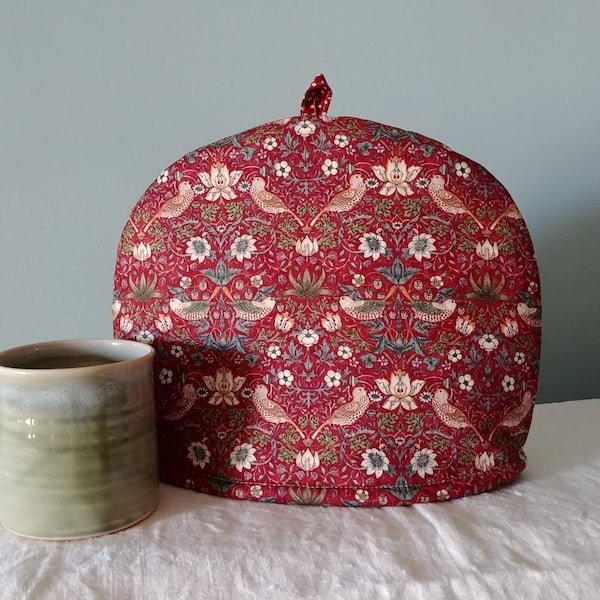 Smaller Strawberry Thief Tea Cosy in Red, William Morris Print Tea Cozy, Two-Four Cup Teapot Cover, Double Fleece Insulated