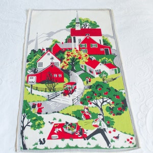 Vintage Bark Cloth Towel, Kitchen Towel, Tea Towel, Red Green White, Country Scene, Vintage Kitchen Decor, Mid Century Art image 2