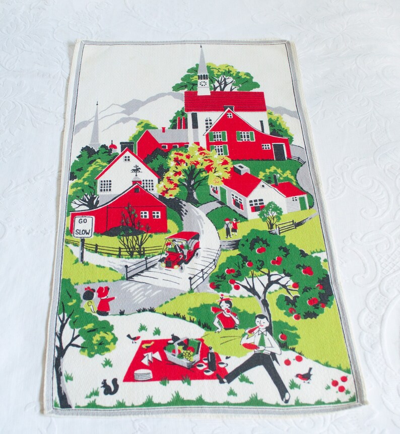 Vintage Bark Cloth Towel, Kitchen Towel, Tea Towel, Red Green White, Country Scene, Vintage Kitchen Decor, Mid Century Art image 2