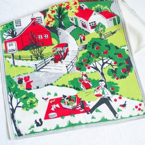 Vintage Bark Cloth Towel, Kitchen Towel, Tea Towel, Red Green White, Country Scene, Vintage Kitchen Decor, Mid Century Art image 1