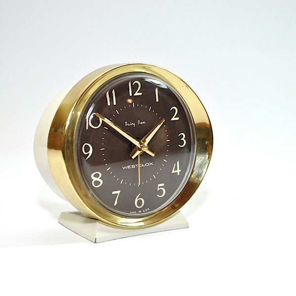 Awesome Vintage Alarm Clock - Baby Ben Westclox - Metal - White Gold Brown Desk Clock