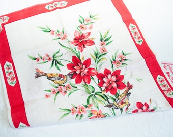 Vintage Linen Towel, Italian Pure Linen, Floral Towel with Birds, Red and Pink, New Old Stock, Unused Vintage Kitchen Towel, Linen Art