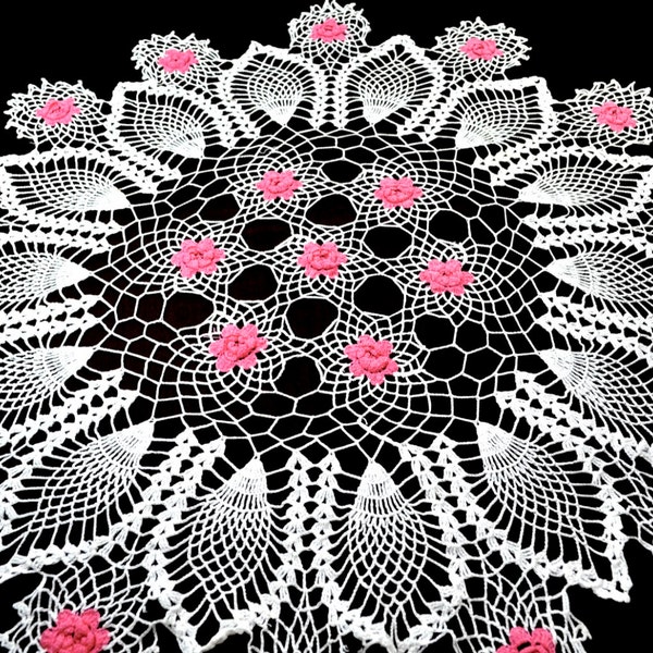 Large Vintage Crocheted Doily Doilie - Pink and White - Rose Rosettes - Valentines Decor - Colorful Doily