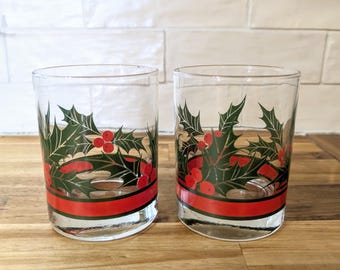 Pair Vintage Christmas Glasses, Drinking Glasses, Cocktail Glasses, Vintage Christmas Decor, Vintage Barware, Christmas Barware