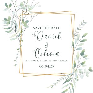 May include: A wedding invitation with the text "Save the Date" and the names "Daniel & Olivia" in elegant script. The invitation is framed by a gold geometric border and adorned with watercolor greenery.