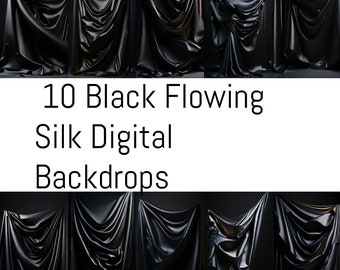 10 telón de fondo digital Black Flowing Silk, telones de fondo de seda, fondo de tela fluida, superposición negra, fondos de estudio digital