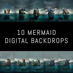 May include: Ten digital backdrops featuring a mermaid tail emerging from a rock formation in a turquoise ocean. The mermaids are in various poses, with some sitting on the rocks and others swimming in the water. The backdrops are perfect for creating magical and whimsical scenes.