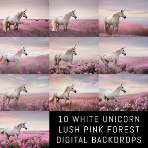 May include: Ten digital backdrops featuring white unicorns in a lush pink forest setting. The unicorns are in various poses, with some facing the camera and others looking away. The forest is filled with pink flowers and a soft, dreamy light.
