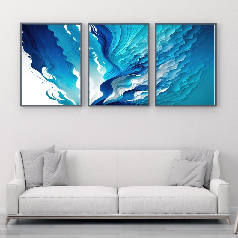 Blue Wall Art Set of 3 Printable Wall Art Multi Panel Etsy