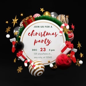May include: A festive Christmas party invitation on a black background. The invitation features a white circular design with the words "Join us for a Christmas party" in red script. Ornaments, gifts, and stars surround the text.