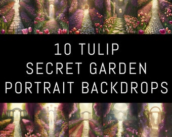 10 Tulip Secret Garden Portrait Backdrops, Flower overlay, Photoshop overlay, Field overlay, Floral backdrop, Spring photo overlays