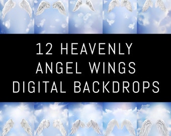 12 Telón de fondo digital de alas de ángel celestial, fondo del cielo, telón de fondo conmemorativo, en memoria amorosa, nubes, telón de fondo digital