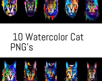 10 Katze png, bunte Katze Aquarell Sublimation digitaler Download, Katze Sublimation Design, Sublimation download, png für Sublimation designs
