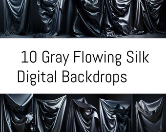 10 Telón de fondo digital Gray Flowing Silk, fondos de seda fluidos, fondo de seda gris, superposición de seda, fondos de estudio digitales