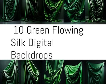 10 Telón de fondo digital de seda verde, Fondos fluidos, Fondo frondoso, Superposición botánica, Fondos de estudio digital