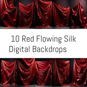 May include: Ten digital backdrops featuring red flowing silk fabric against a black background. The silk drapes and folds in various ways, creating a dramatic and elegant look.
