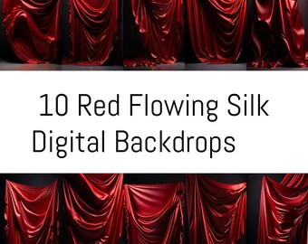 10 telón de fondo digital Red Flowing Silk, fondos de seda fluidos, fondo de seda elegante, superposición de seda roja, fondos de estudio digitales