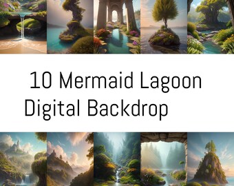 10 Mermaid Lagoon Digital Telón de fondo Fantasy Lagoon Fotografía Fondos Mágico Photoshop Edición Místico Estudio Telones de fondo Superposición de ensueño