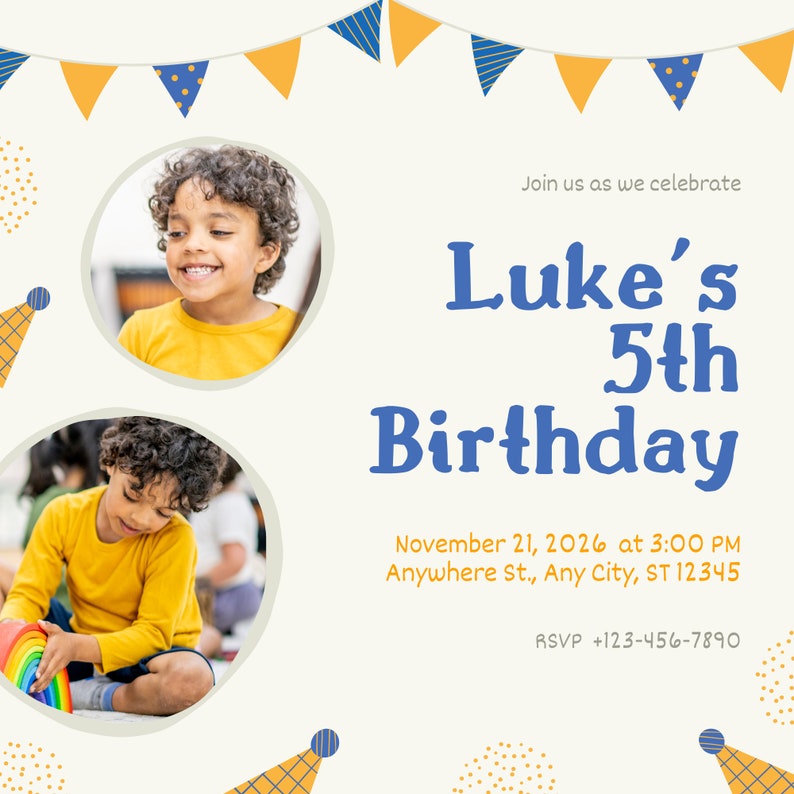 May include: A birthday invitation with a cream background, featuring two photos of a child. The text reads "Luke's 5th Birthday" in blue, with decorative bunting and confetti. The invitation includes date, time, and RSVP information.