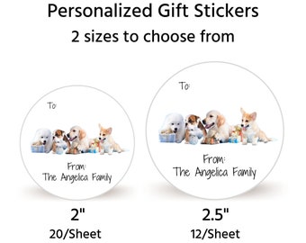 Personalized Christmas Gift Stickers | Sheet of 20 2" or Sheet of 12 2.5" Christmas Gift Labels | Christmas Gift Tags | Puppy Lineup