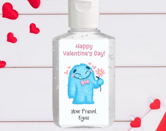 Sheet of 20 Personalized Valentine's Day Hand Sanitizer Labels | Valentine Stickers | Party Favor | Blue Monster