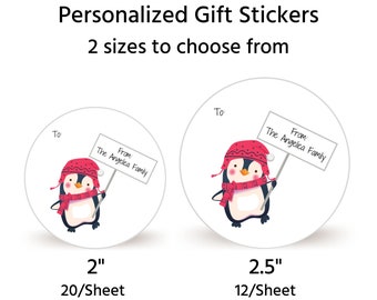 Personalized Christmas Gift Stickers | Sheet of 20 2" or Sheet of 12 2.5" Christmas Gift Labels | Penguin with Sign